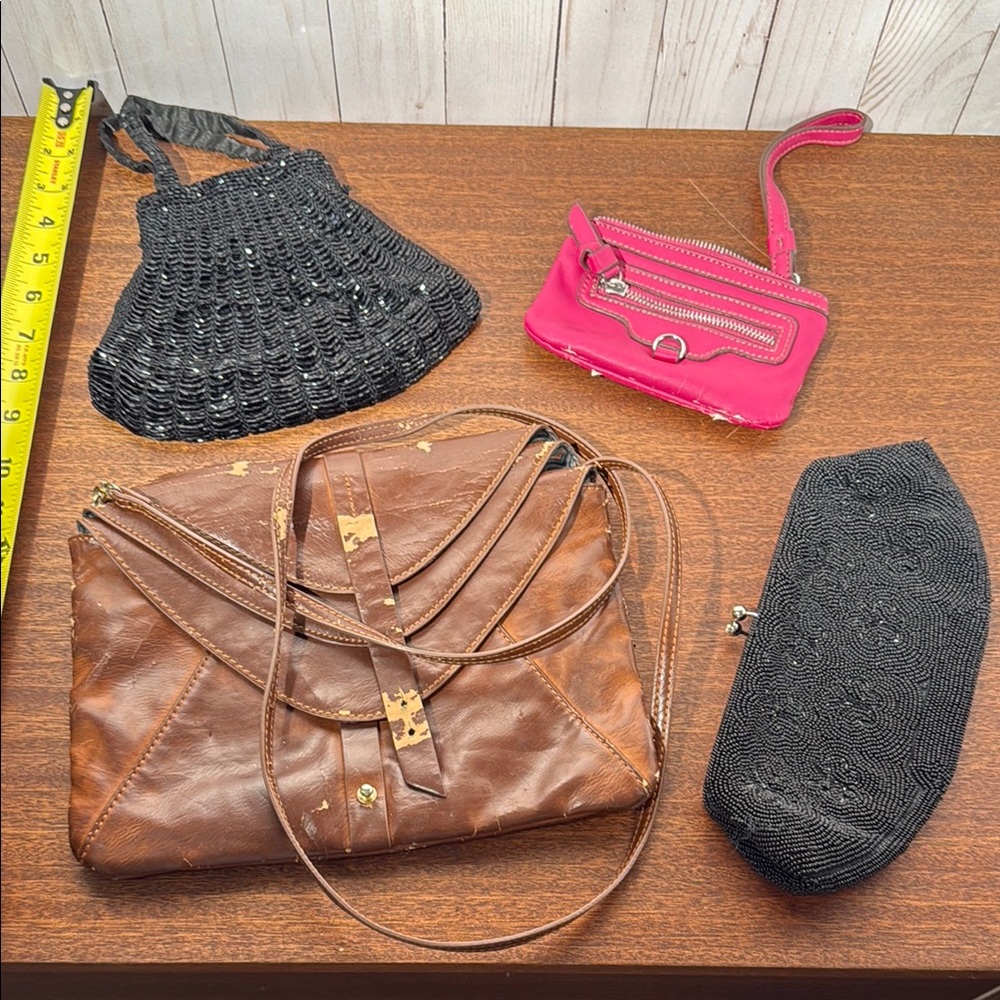 Lot of damaged handbags incl. Big Buddha, Nine West, 2 beaded & rainbow clutch.